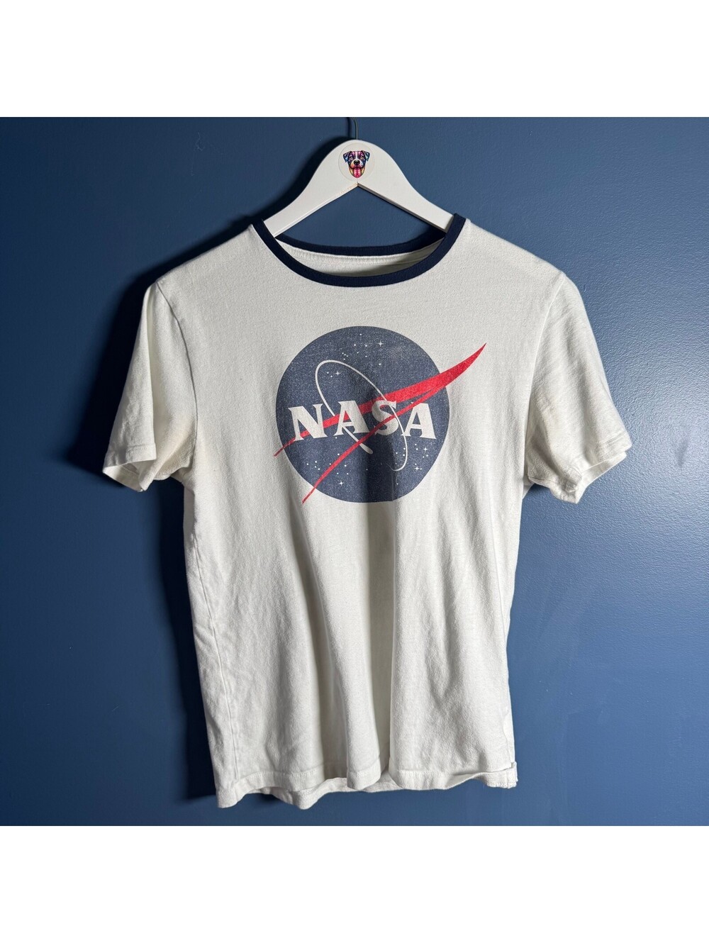 Old Navy NASA Logo Ringer Tee White Navy Trim Graphic Retro Style T-Shirt Size S